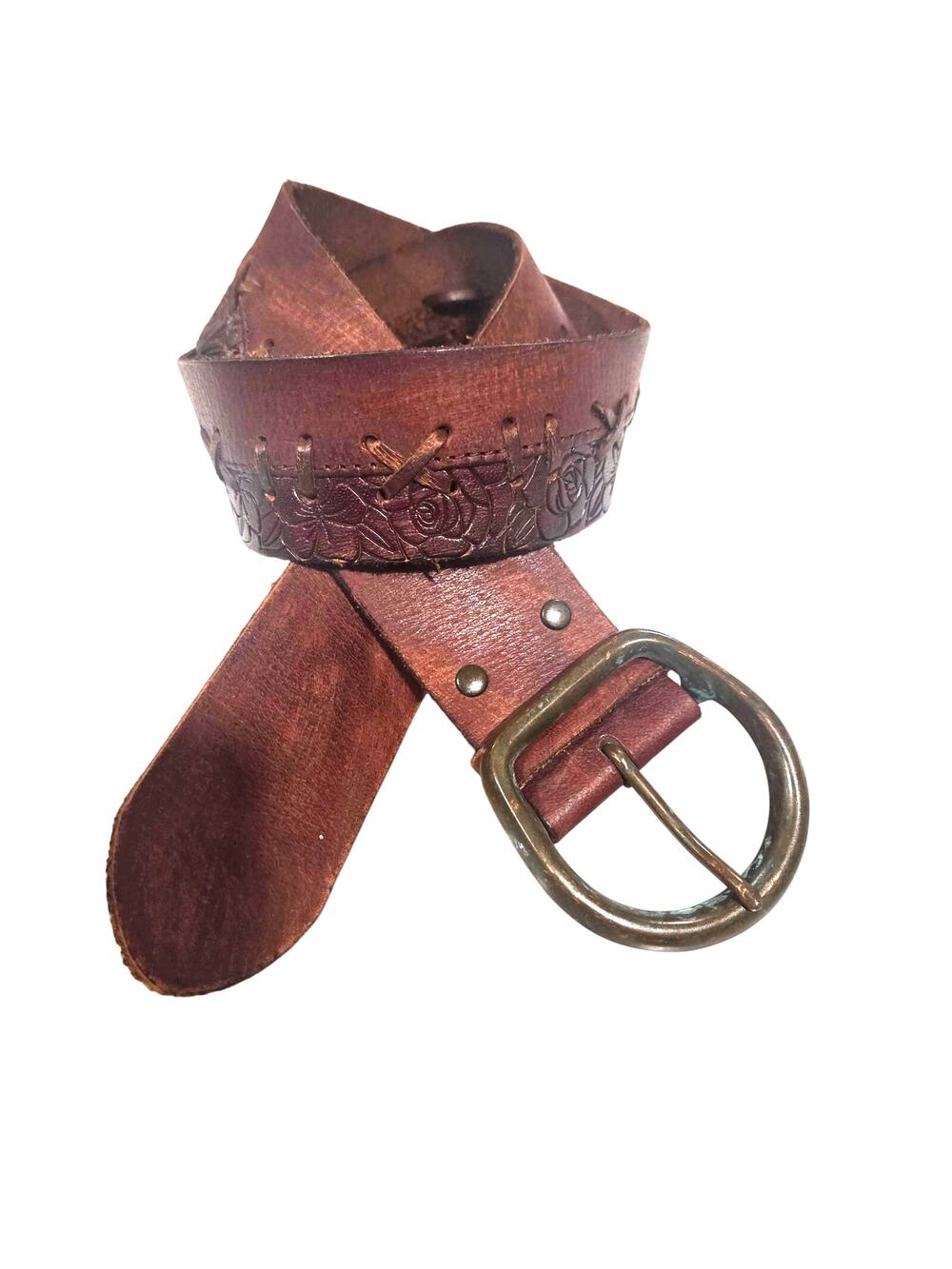 Y2K Abercrombie Floral Tooled Leather Belt Boho Western Whipstitch Brown S
